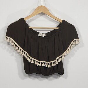 Lavender Field  Olive Green Tasseled Crop Top  Women's Size S